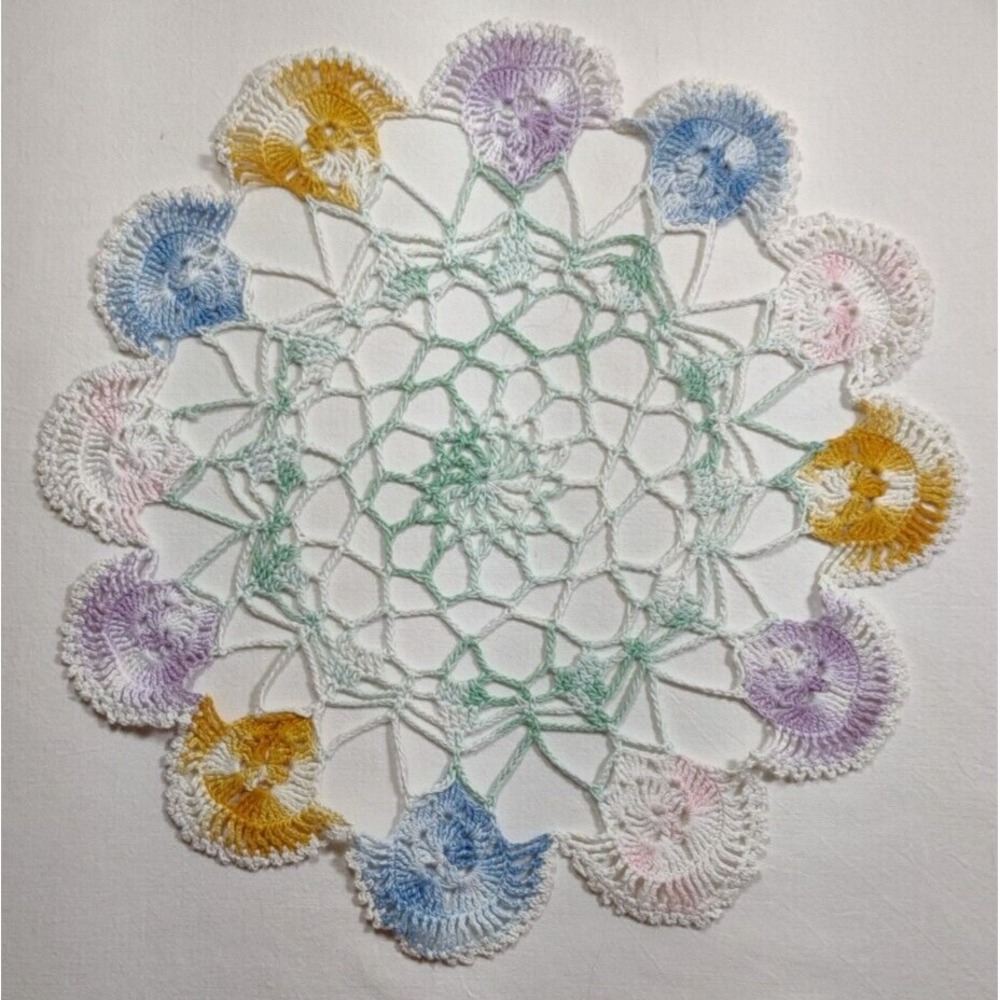 Vintage 11" Doilie variegated pansie - gold purple blue pink